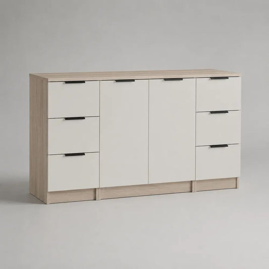 Credenza in pannello truciolare con 2 ante e 6 cassetti, bianco e rovere chiaro, 160 x 40 x 90 cm