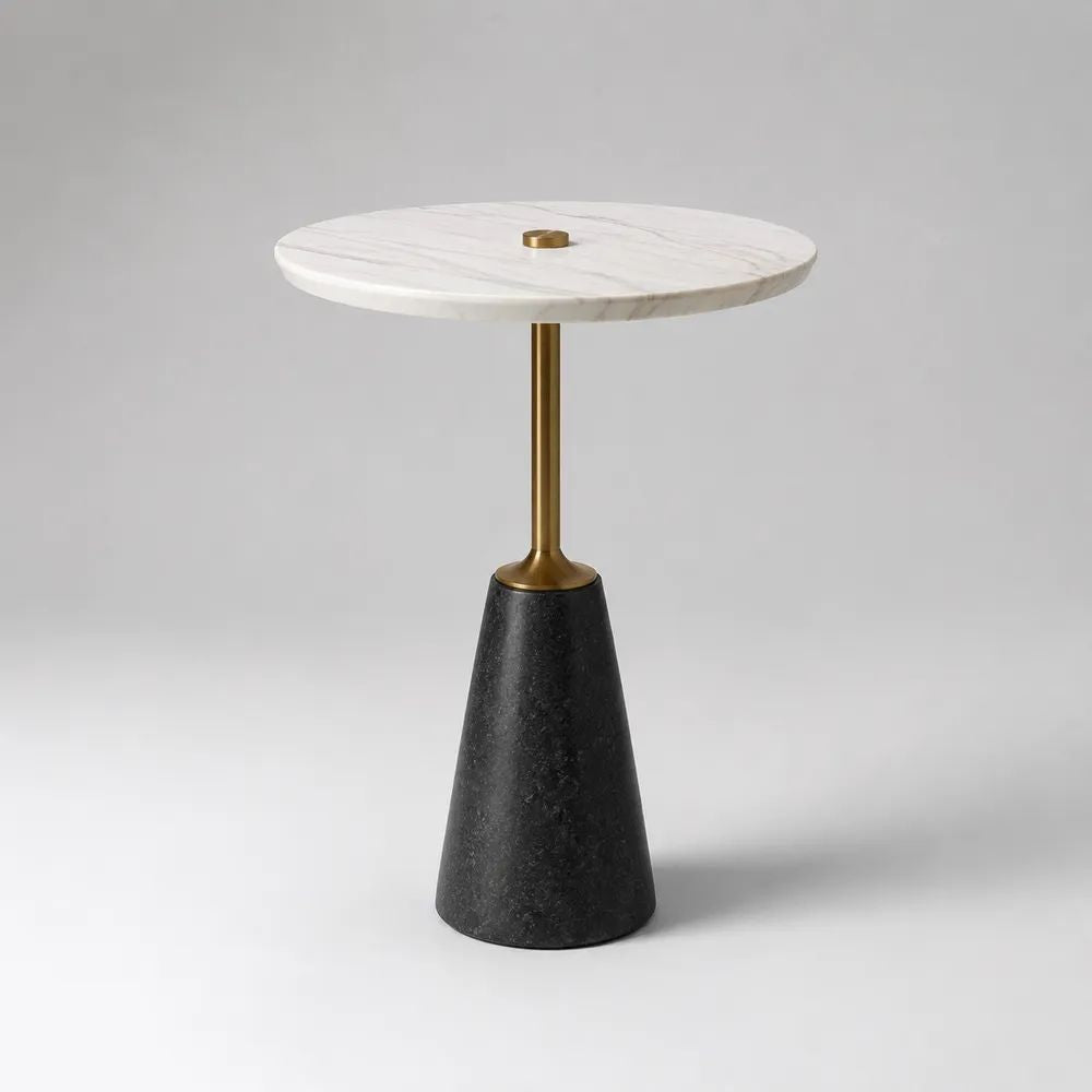 Tavolino rotondo in marmo bianco e nero con supporto in acciaio color ottone, Ø50 x H60 cm