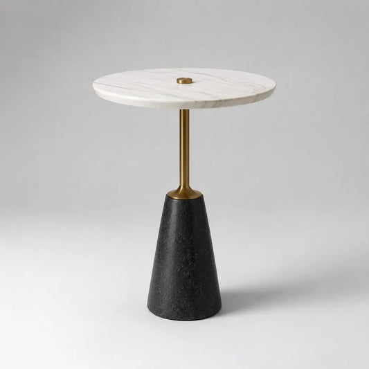 Tavolino rotondo in marmo bianco e nero con supporto in acciaio color ottone, Ø50 x H60 cm