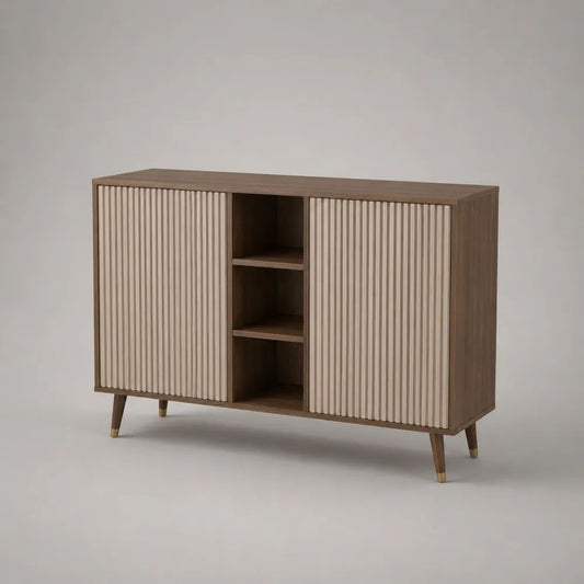 Credenza madia rettangolare in MDF e pannello truciolare con 2 ante scanalate e 3 vani aperti, marrone noce e beige, 120 x 40 x 85 cm