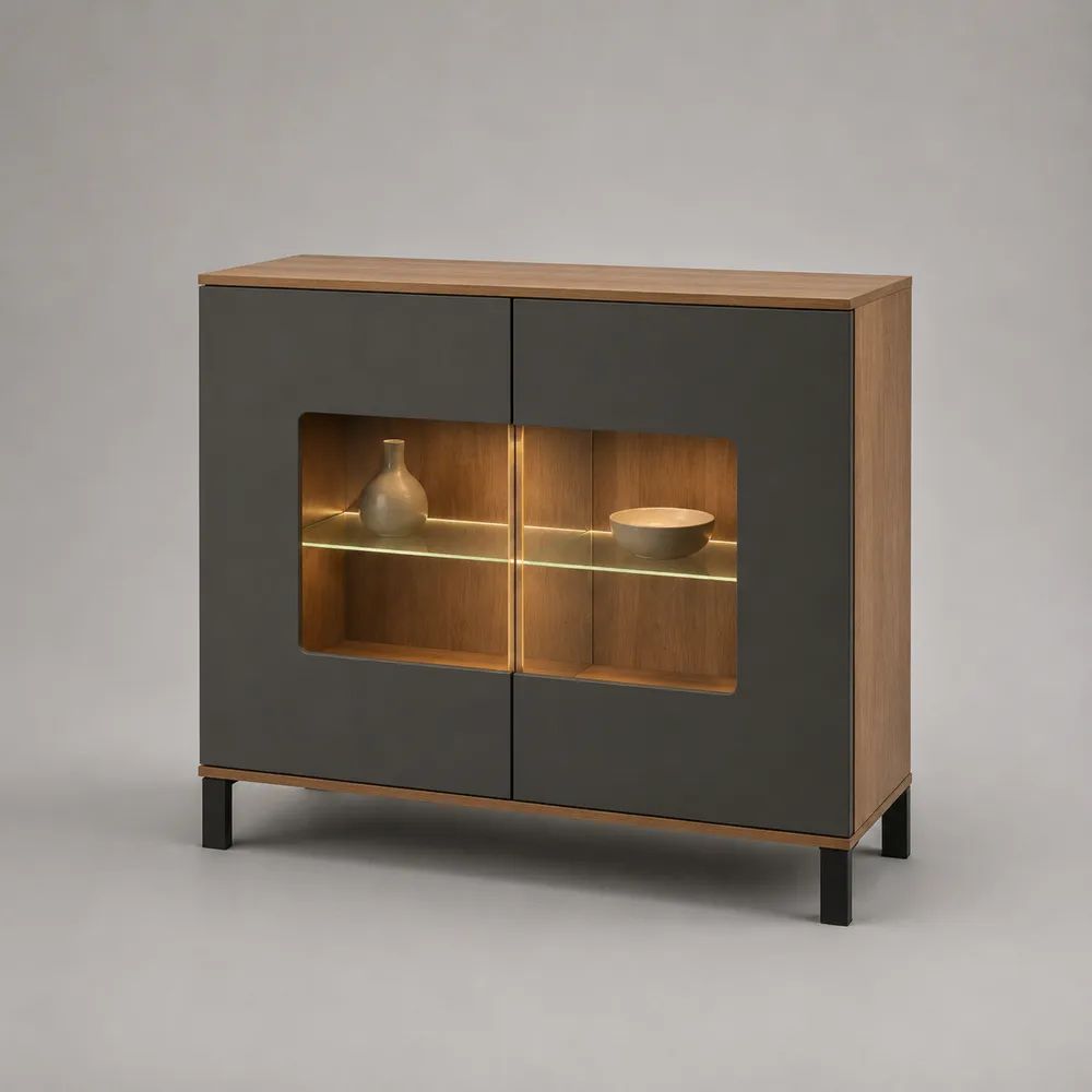 Credenza vetrina rettangolare a 2 ante con illuminazione LED, in legno, vetro e metallo, rovere naturale e grigio antracite, 120 × 40 × 120 cm