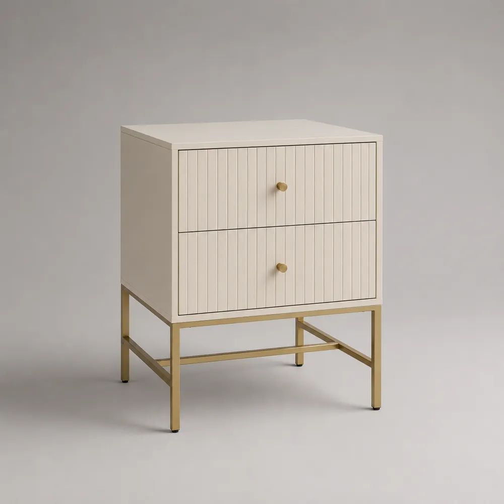 Comodino rettangolare con 2 cassetti in MDF e acciaio, avorio e oro, 50 × 40 × 65 cm