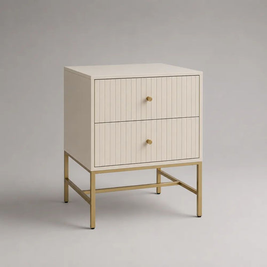 Comodino rettangolare con 2 cassetti in MDF e acciaio, avorio e oro, 50 × 40 × 65 cm
