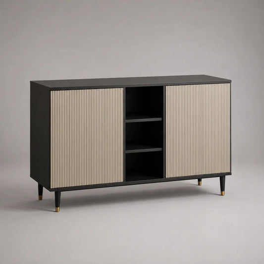 Credenza rettangolare con 2 ante scanalate e 3 vani, pannello truciolare melaminico e MDF, nero e beige, 120 x 40 x 80 cm