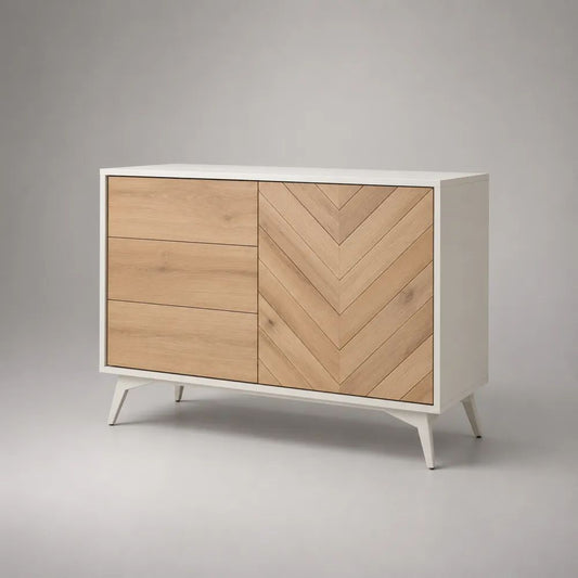 Credenza in legno bianca e rovere naturale con 3 cassetti e 1 anta, 120 x 40 x 80 cm
