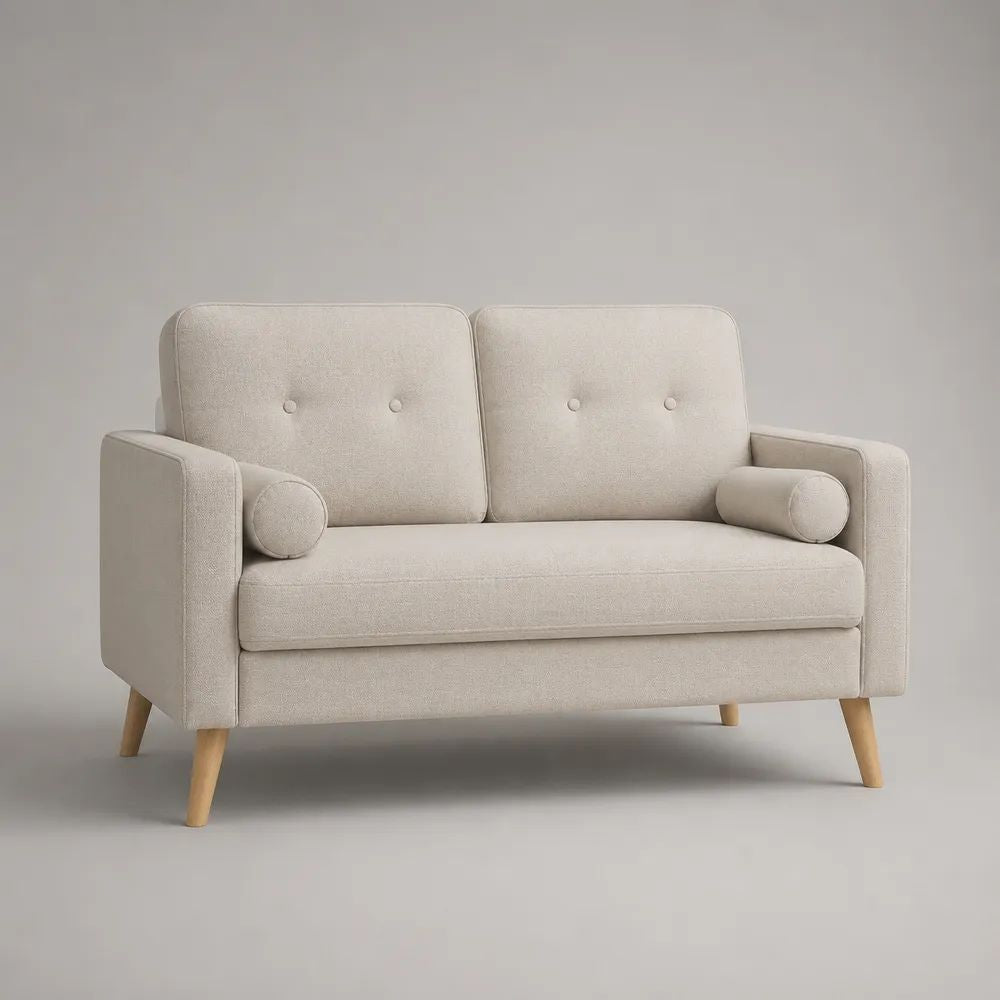 Divano 2 posti in tessuto beige con gambe in legno naturale, 150 x 80 x 82 cm