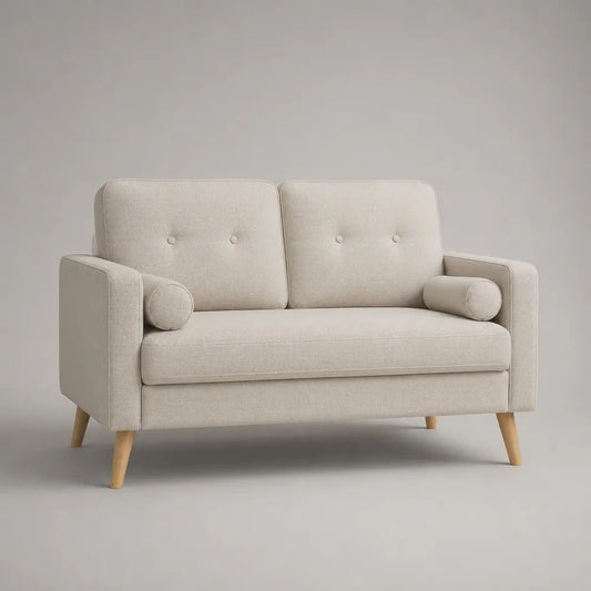 Divano 2 posti in tessuto beige con gambe in legno naturale, 150 x 80 x 82 cm