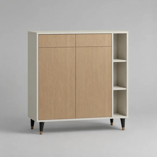 Credenza alta rettangolare in truciolare nobilitato con 2 ante, 2 cassetti e 3 vani, 120 × 40 × 120 cm, bianco e rovere chiaro