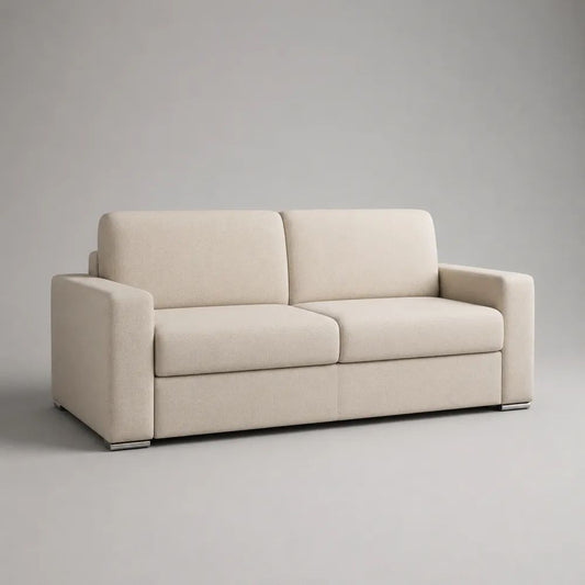 Divano imbottito a 2 posti in tessuto beige crema con piedini argento, 190 x 88 x 86 cm