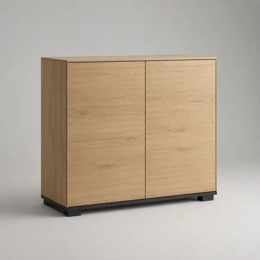 Credenza contenitore rettangolare a 2 ante in legno e metallo, rovere naturale e nero, 100 × 40 × 90 cm