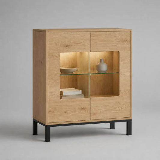 Credenza alta rettangolare con vetrina a 2 ante in rovere impiallacciato e acciaio, rovere naturale e nero, 100 × 40 × 125 cm