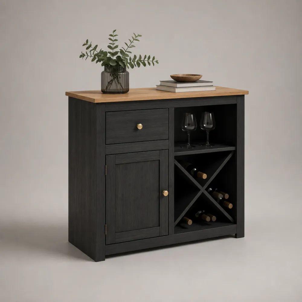 Credenza portabottiglie in legno con cassetto, anta e ripiano, nero e rovere naturale, 90 x 40 x 90 cm