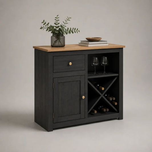 Credenza portabottiglie in legno con cassetto, anta e ripiano, nero e rovere naturale, 90 x 40 x 90 cm